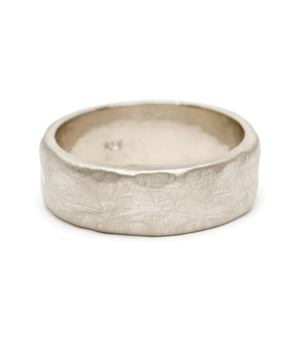 6mm White Gold Raw Texture Mens Wedding Band