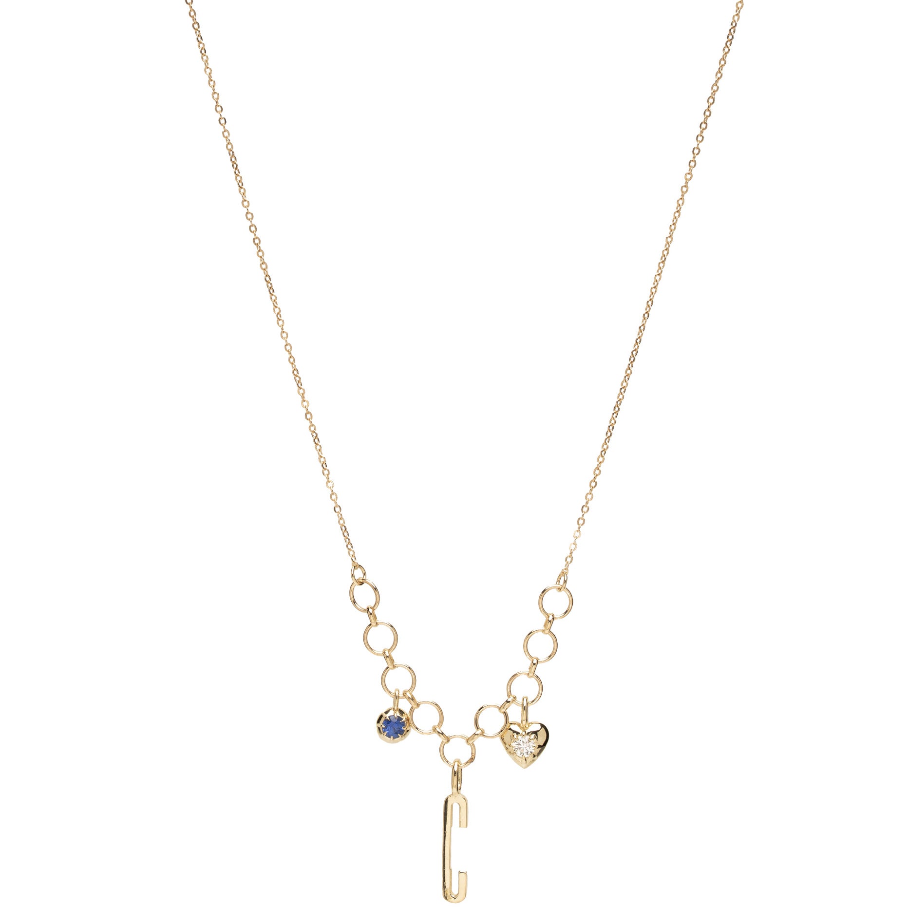 Gold Initial Charm Necklace With Heart And Round Birthstone Charms Id N8 1
