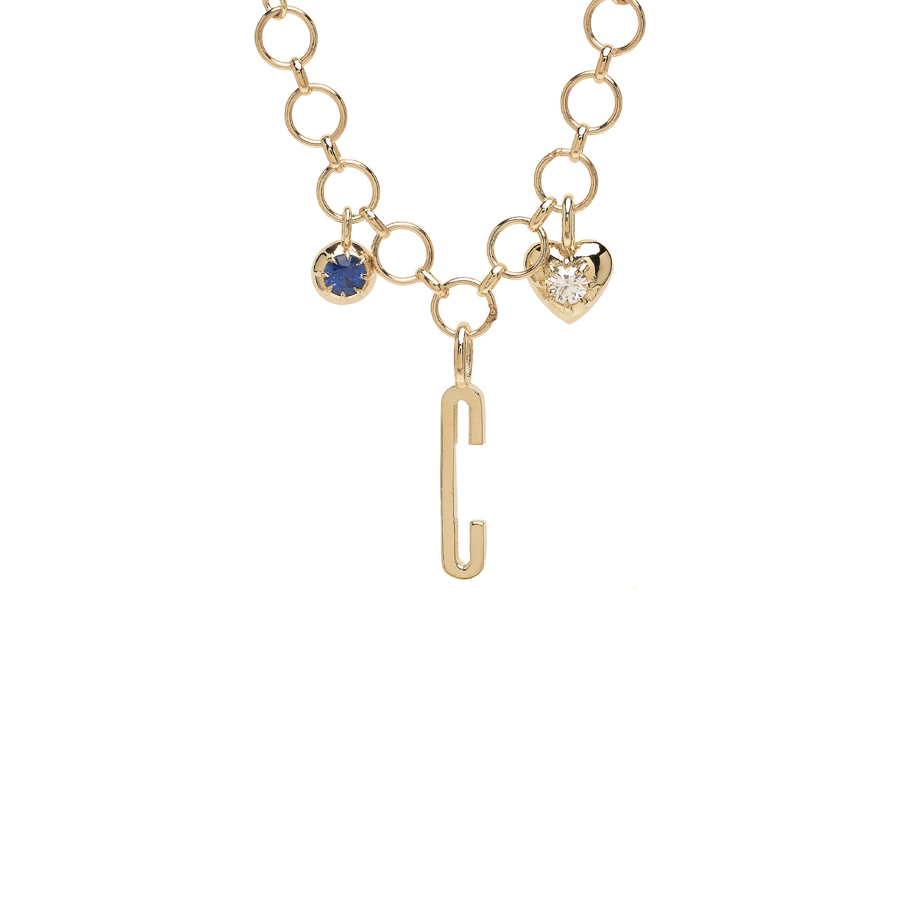 Gold Initial Charm Necklace With Heart And Round Birthstone Charms Id N8 Closeup