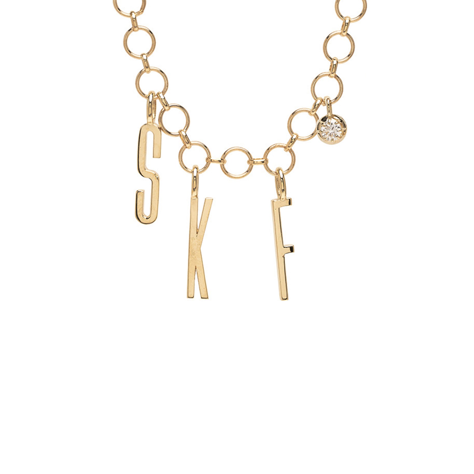Gold Triple Initial Charm Necklace With Round Birthstone Id N9 Closeup
