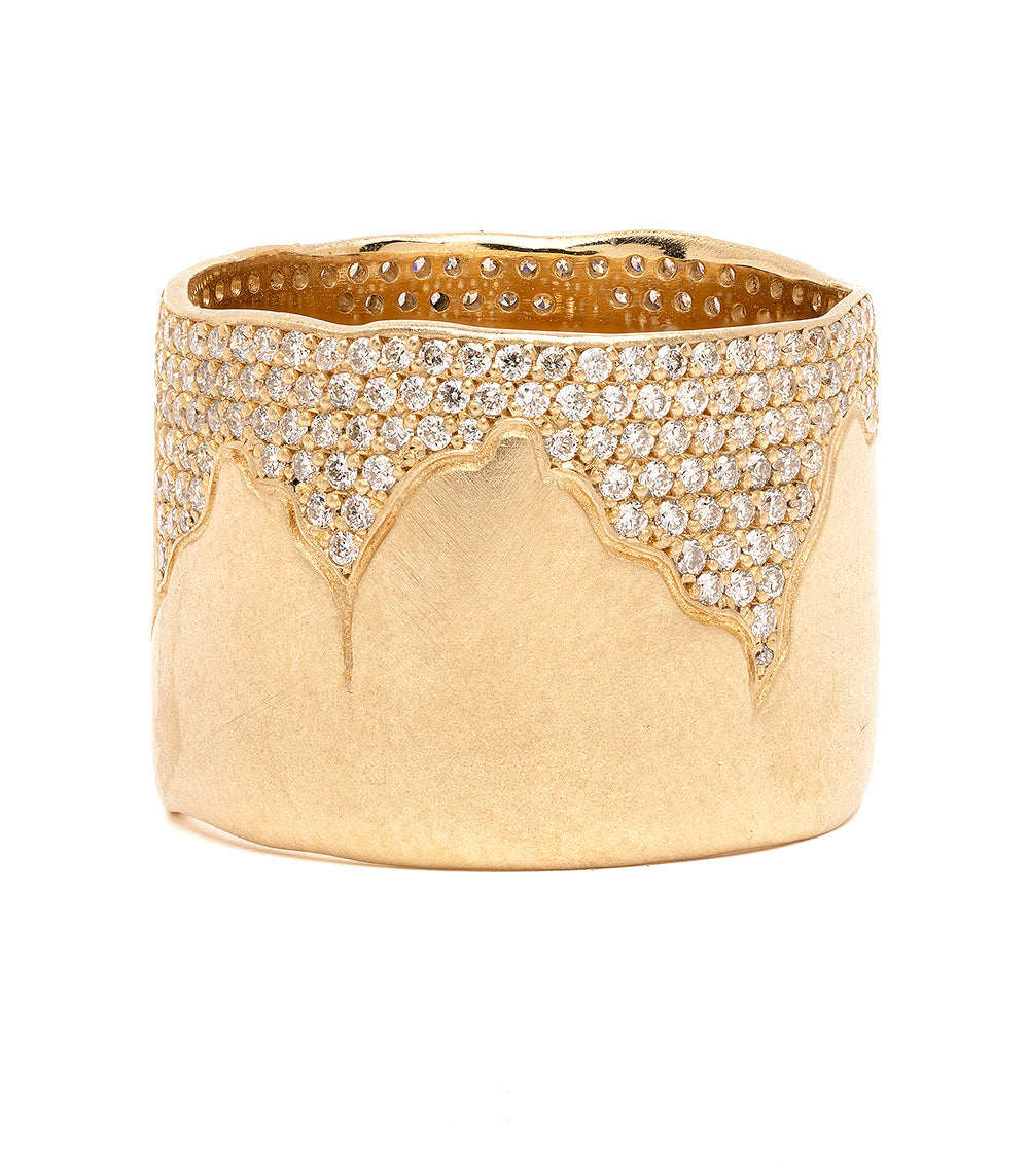 Matte Gold Wide Cracked Blackened Pave Diamond Patch Torn Paper Edge Band