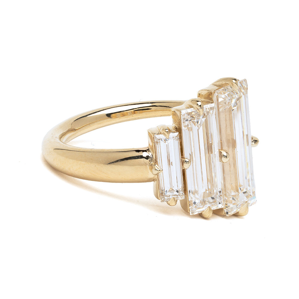 Three Stone Emerald Cut Unique Engagement Ring