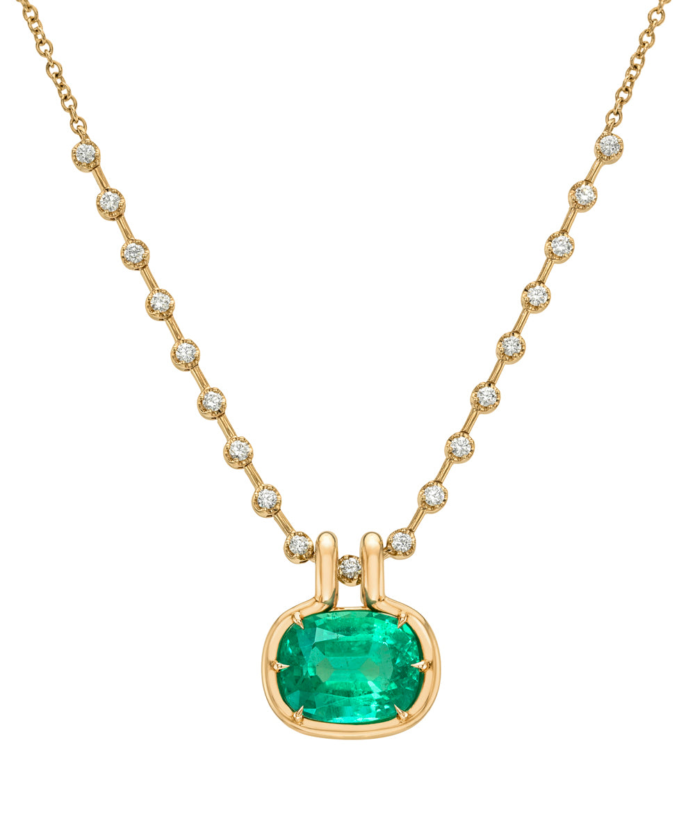 14k Yellow Gold 19 Diamond Gold Bar Necklace With Emerald Pendant Sk P114 Em Cl Ew St Cu 3.83 B