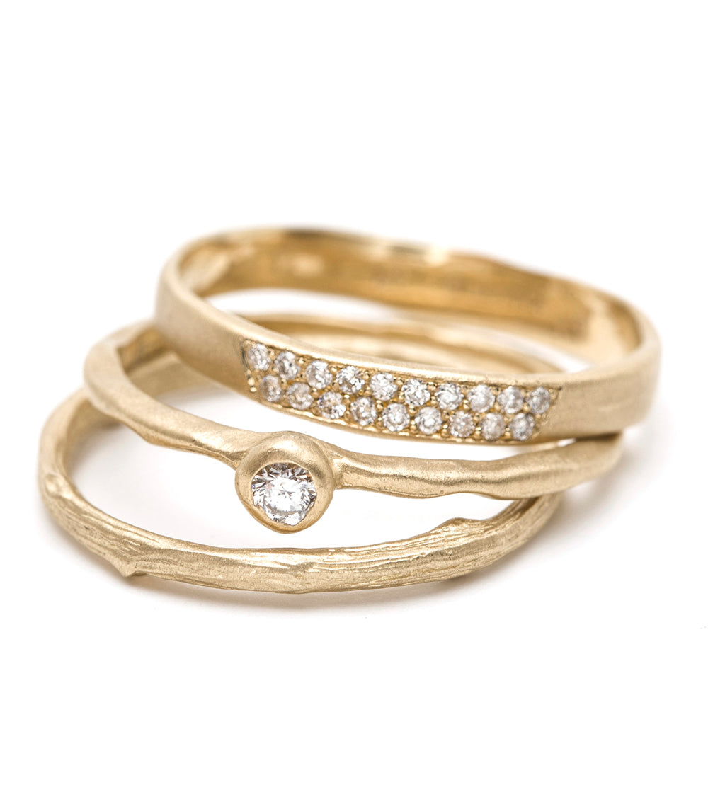 14k Gold Branch Textured Band Stack Ring