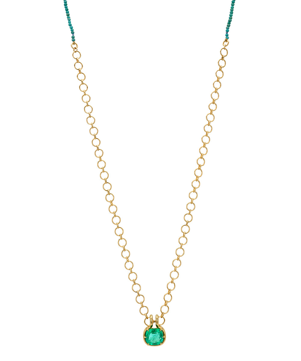 14k Loop Chain Necklace With Half Turquiose Chain And Emerald Cushion Pendant Wrapped In Gold Sk Cn C8 Turq A