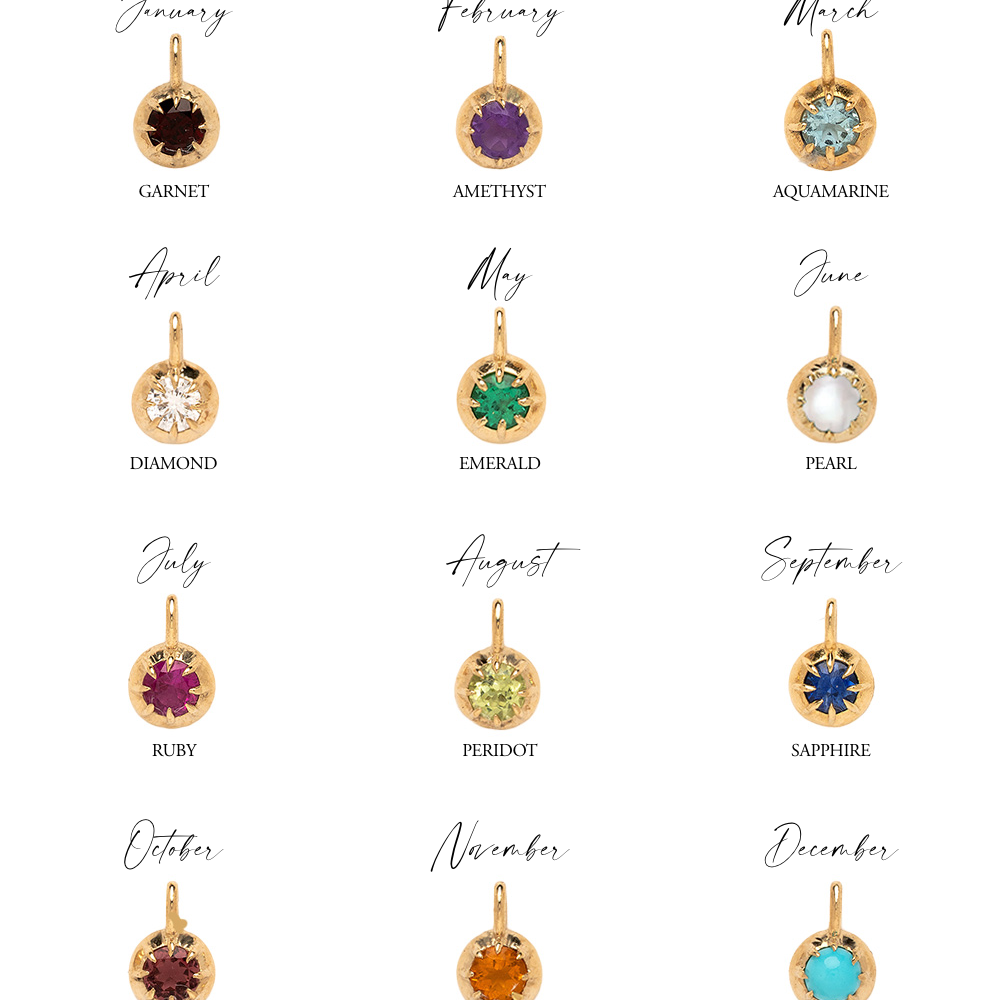 Gold birthstone pendant charms, round bezel settings on a white background