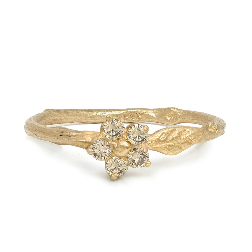 Twig Band With A Leaf Motif And Round Brilliant Champagne Diamond Flower Detail Matte Finish 14k Yellow Gold Size 6 Es R40 Cd Front