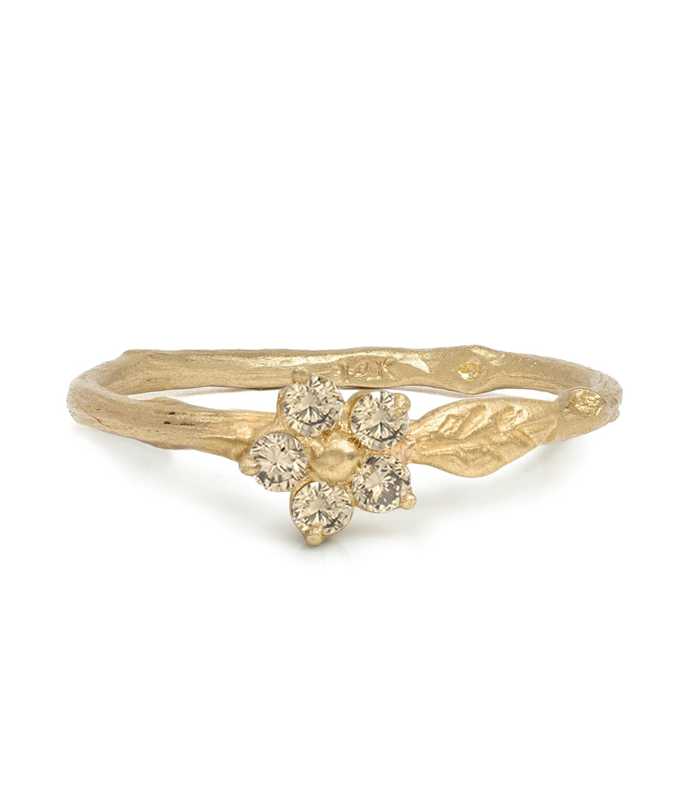 Twig Band With A Leaf Motif And Round Brilliant Champagne Diamond Flower Detail Matte Finish 14k Yellow Gold Size 6 Es R40 Cd Front