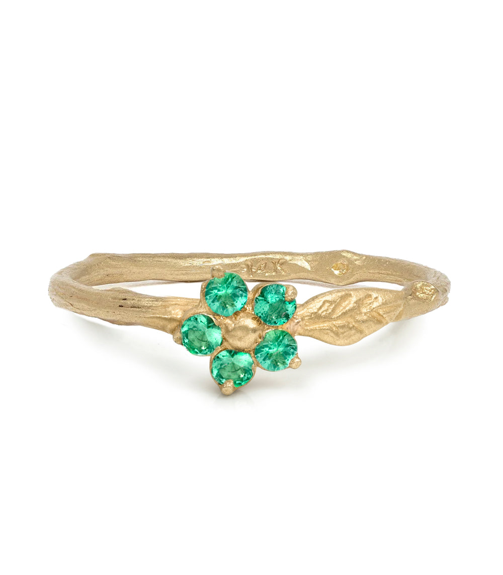 Twig Band With A Leaf Motif And Round Brilliant Emerald Flower Detail Matte Finish 14k Yellow Gold Size 6 Es R40 Em Front