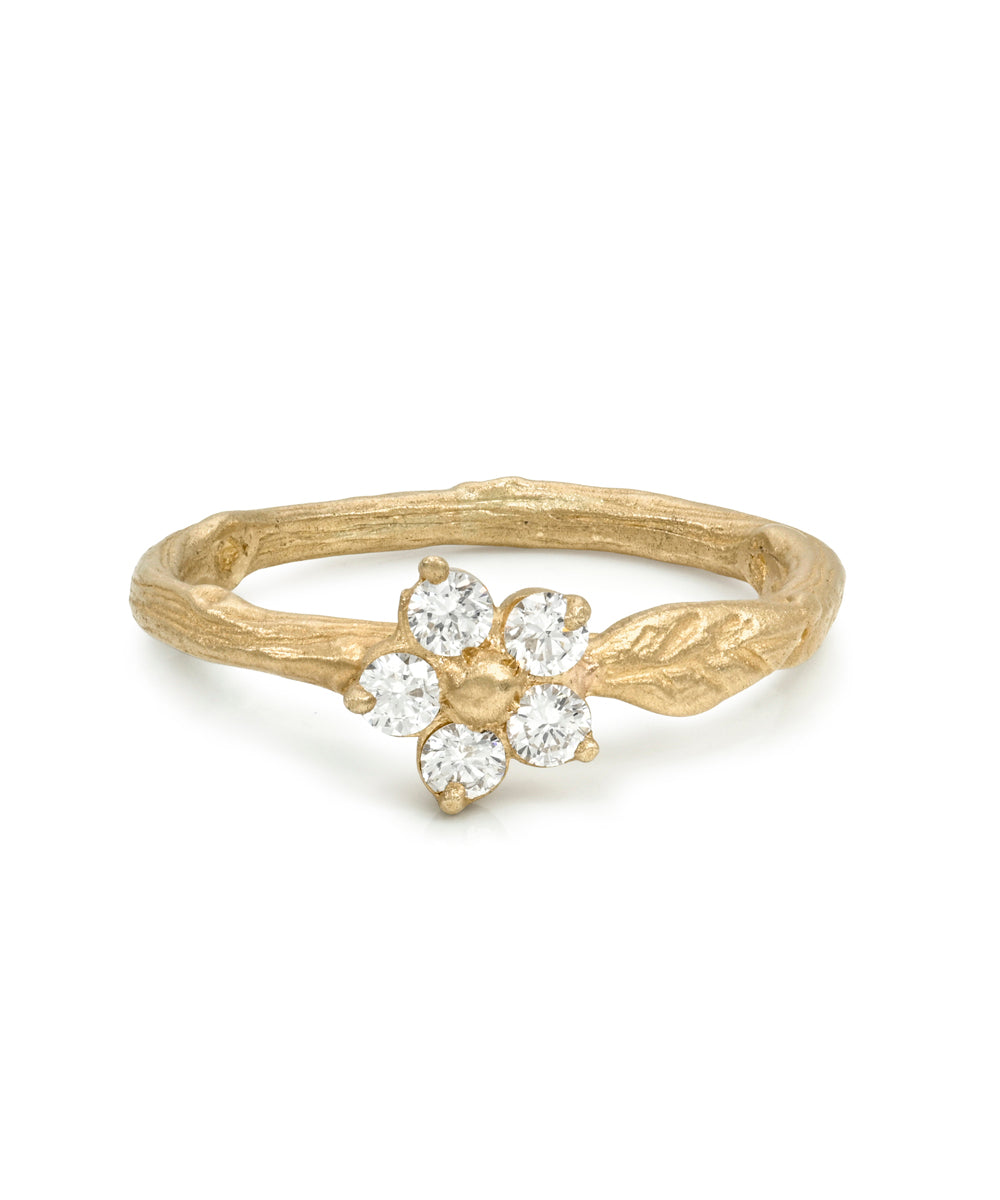 Twig Band With A Leaf Motif And Round Brilliant Flower Detail Matte Finish 14k Yellow Gold Size 6 Es R40 Front