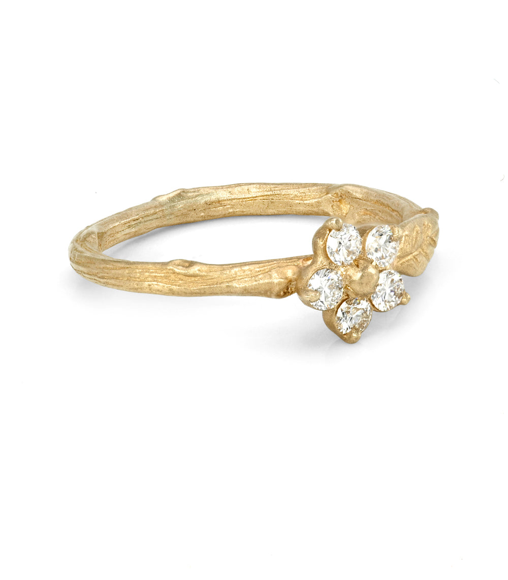 Twig Band With A Leaf Motif And Round Brilliant Flower Detail Matte Finish 14k Yellow Gold Size 6 Es R40 Side