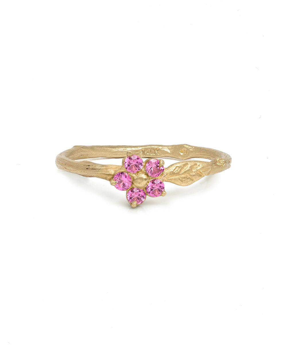 Twig Band With A Leaf Motif And Round Brilliant Pink Sapphire Flower Detail Matte Finish 14k Yellow Gold Pinky Ring Es R40 Ps Front