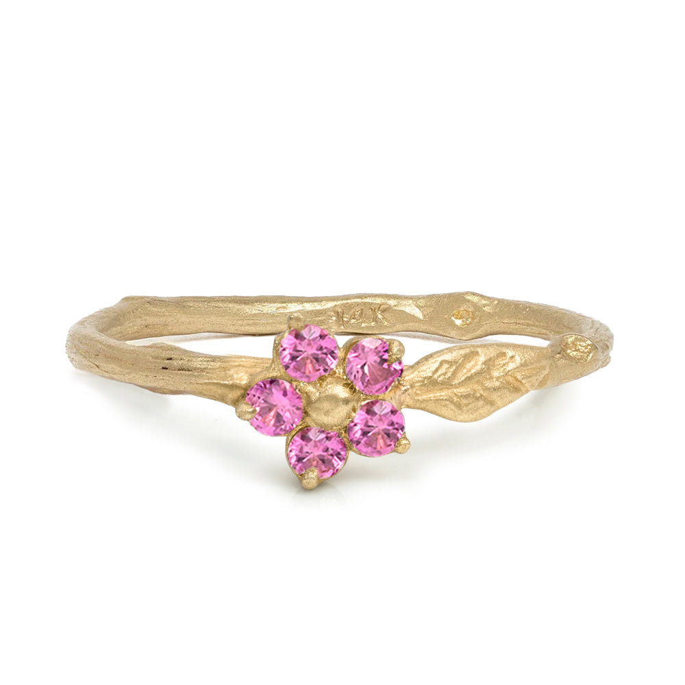Twig Band With A Leaf Motif And Round Brilliant Pink Sapphire Flower Detail Matte Finish 14k Yellow Gold Size 6 Es R40 Ps Front