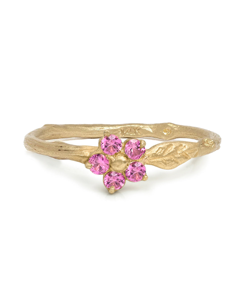 Twig Band With A Leaf Motif And Round Brilliant Pink Sapphire Flower Detail Matte Finish 14k Yellow Gold Size 6 Es R40 Ps Front