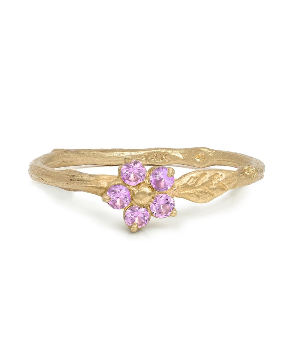 Twig Band With A Leaf Motif And Round Brilliant Purple Sapphire Flower Detail Matte Finish 14k Yellow Gold Size 6 Es R40 Ls Front