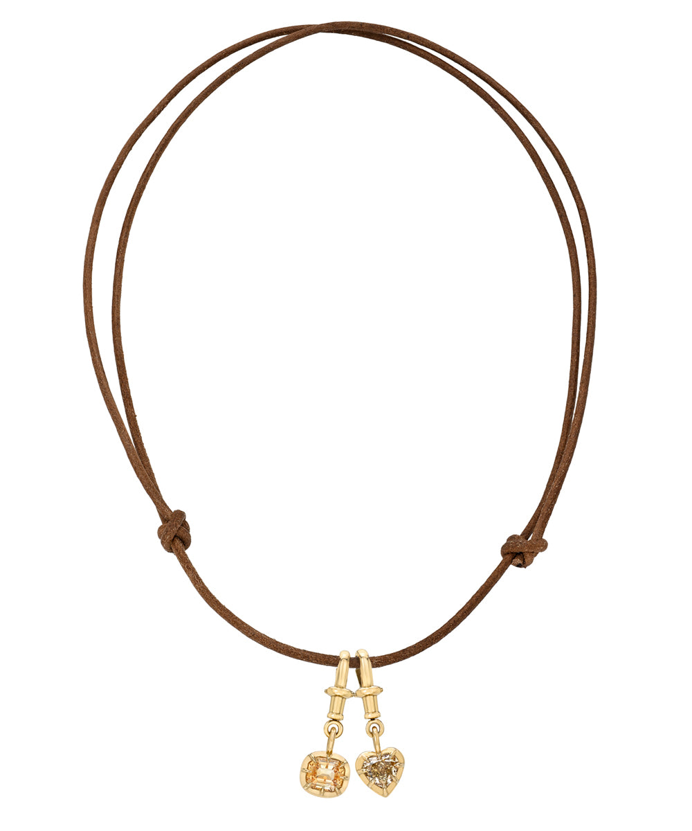 Adjustable Leather Cord Necklace With Champagne Diamond Pendant Peachy Sapphire Pendant With Swivel Button Back Style Charms