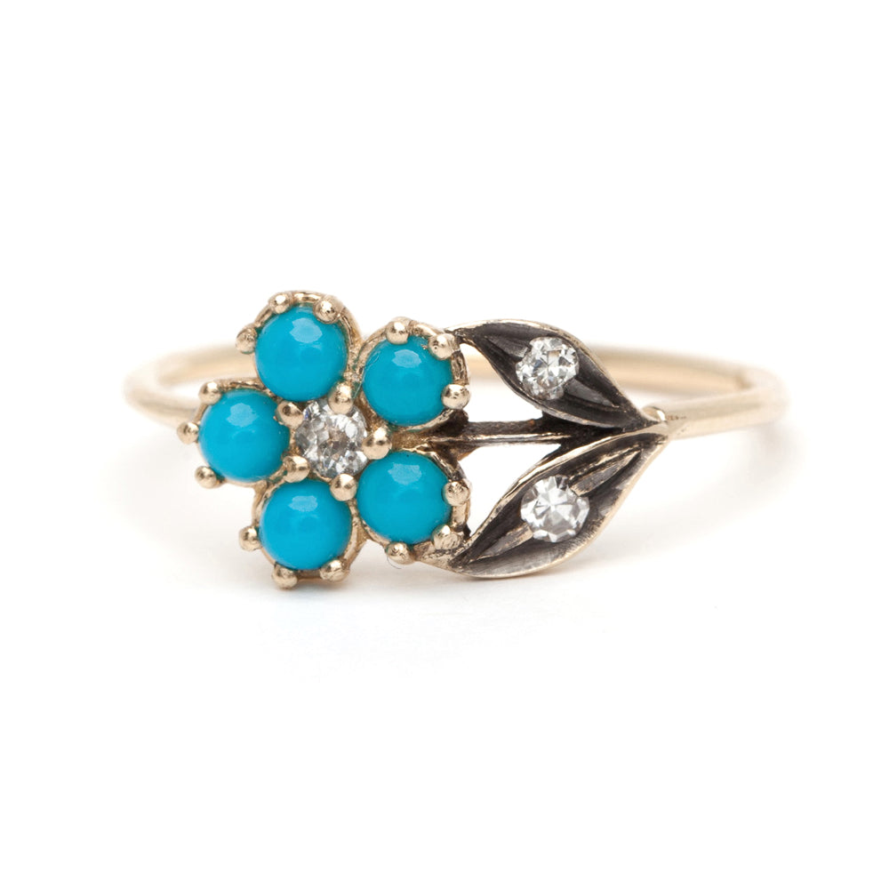 Antique Inspired Turquoise And Diamond Flower Engagement Ring 1