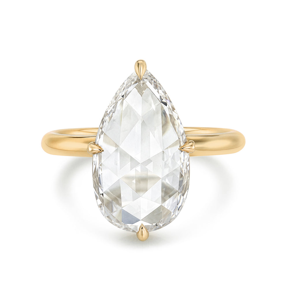 Antique Style Rose Cut Pear Shape Lab Grown Diamond On Thin Gold Band Sk R94 Lgd Wd Ns Rc Ps 3.61 Hh Front