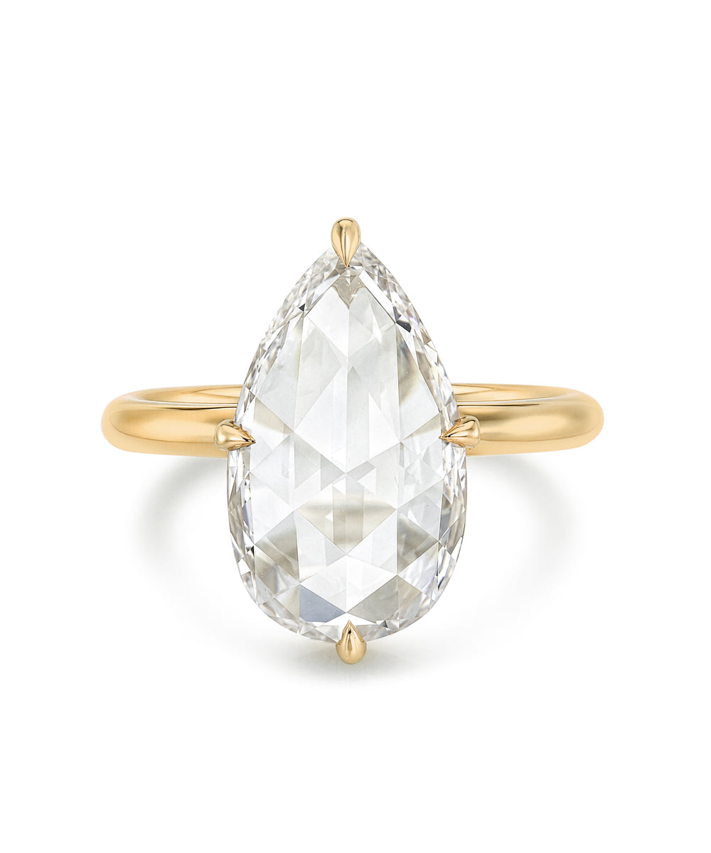 Antique Style Rose Cut Pear Shape Lab Grown Diamond On Thin Gold Band Sk R94 Lgd Wd Ns Rc Ps 3.61 Hh Front