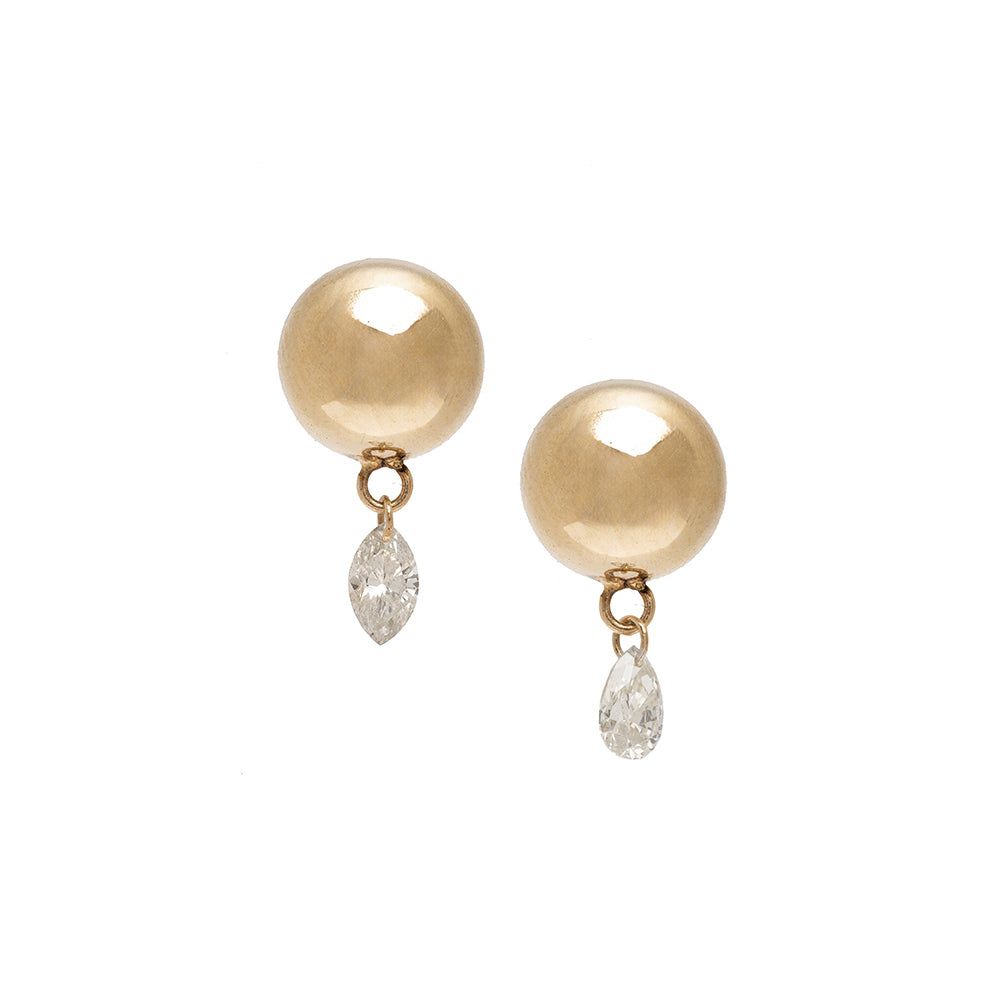 Gold Ball Earrings With Dangling Diamonds