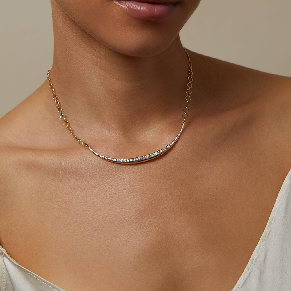 Gold Bar Necklace With Diamonds Model