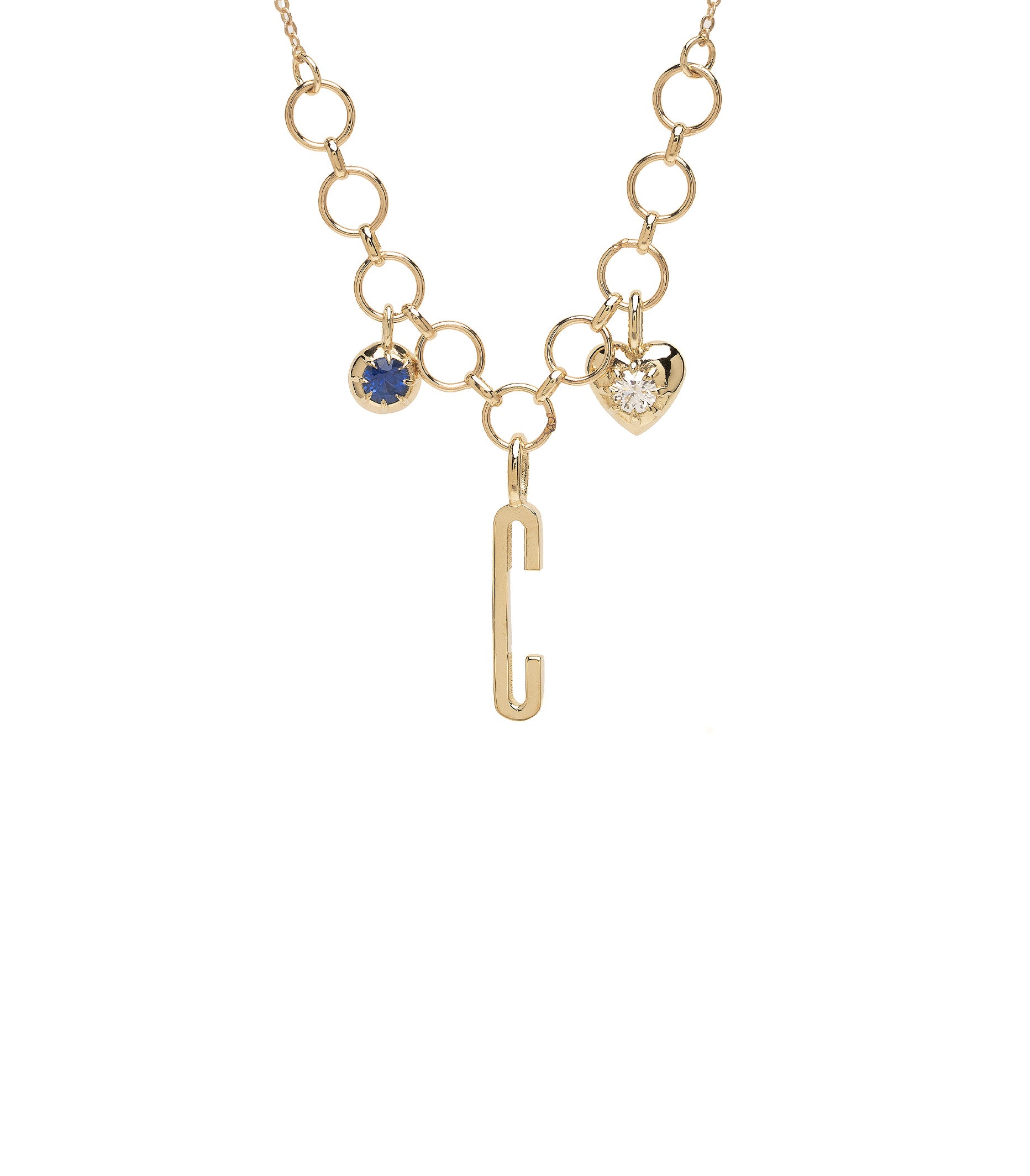 Gold Initial Charm Necklace With Heart And Round Birthstone Charms Id N8 Closeup