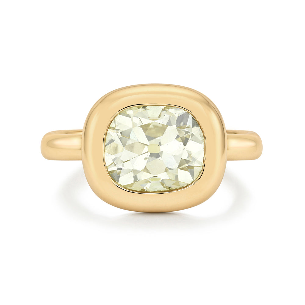 Modern Old Mine Cut Antique Elongated Cushion Natural Diamond Engagement Ring Cupped Mounting Bezel Matte Gold Button Back Setting Sk R138 Nd Cd Ew Bz Omc Cu 3.12 A