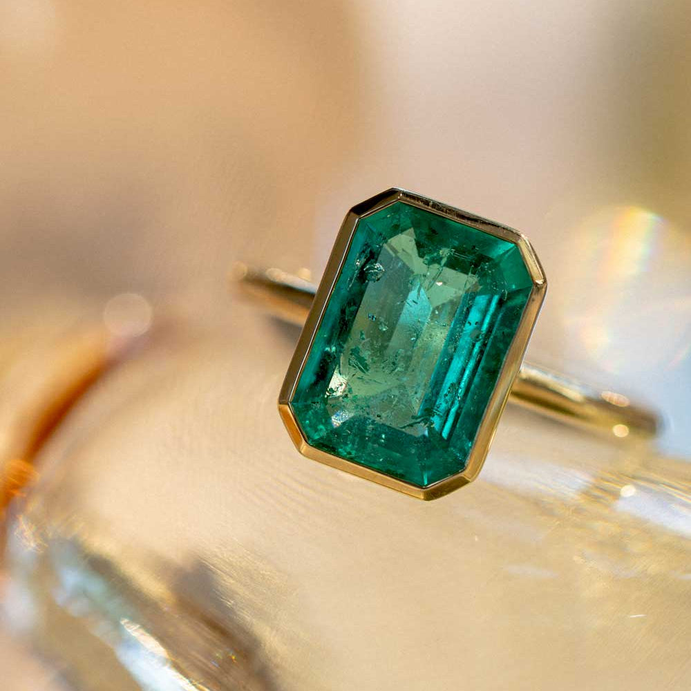 Natural Emerald Bezel Set Unique Engagement Ring