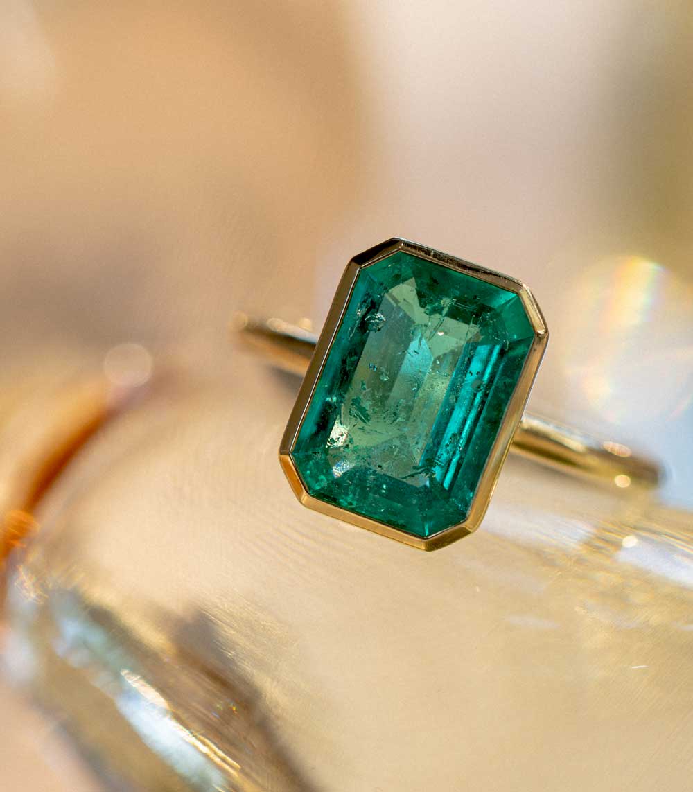 Natural Emerald Bezel Set Unique Engagement Ring