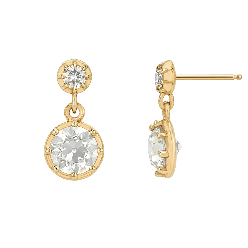 Round Old European Cut Diamond Drop Stud Earrings With Diamond Dangle Vintage Style Sk E117 Sm Lgd Oec