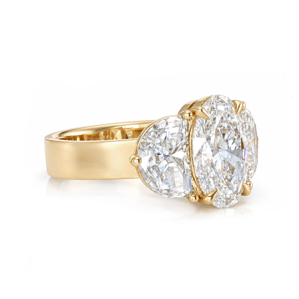 Three Stone Oval Half Moon Sides Lab Grown Diamond Ring On Flat Gold Band Sk R115 Lgd Wd Ns Br Ov 3s 265 Side