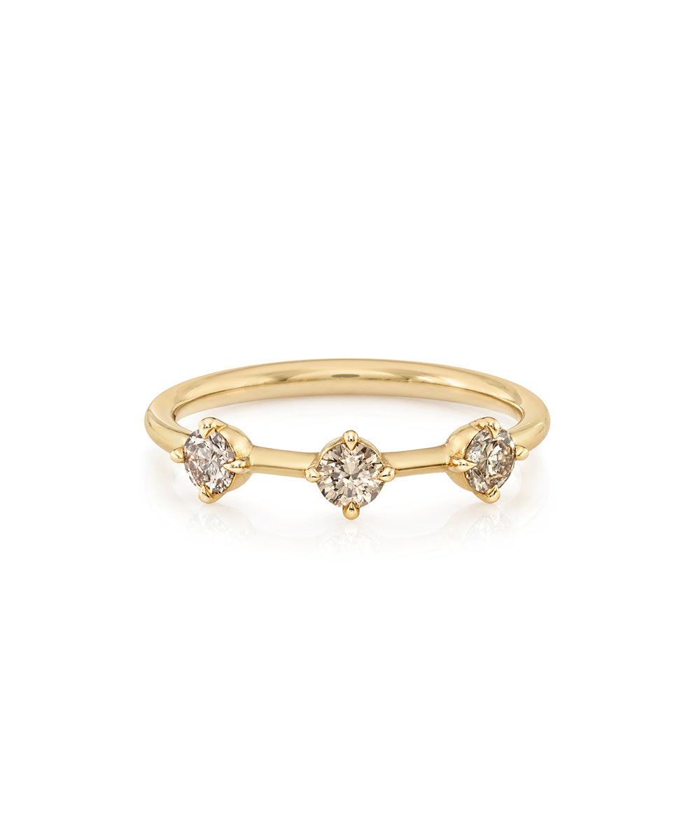 Three Stone Round Brilliant Champagne Natural Diamond Ring On Gold Band Pinky Ring Sb R1 Pnky Cd Front