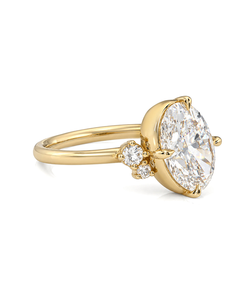 Tilted Orientation Oval Lab Grown Diamond Ring With Mixed Cut Cluster Side Diamonds On Gold Band Faux Bezel Sk R96 Lgd Oc 286 Side