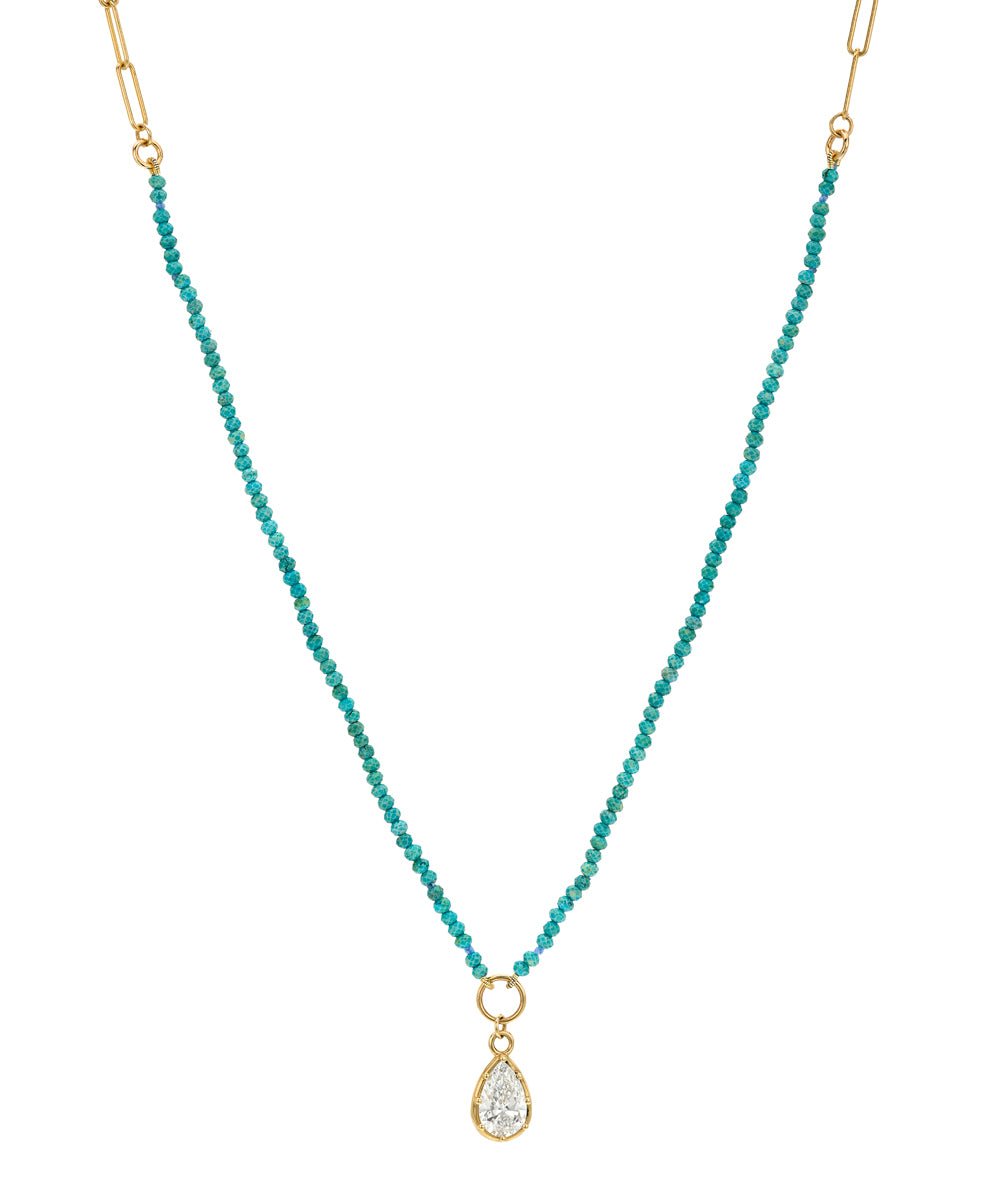 Turquiose Gold Paperclip Chain Necklace With Antique Style White Diamond Pear Pendant Sk N117 Turq Lgd Wd Ns Br Ps 1ct B