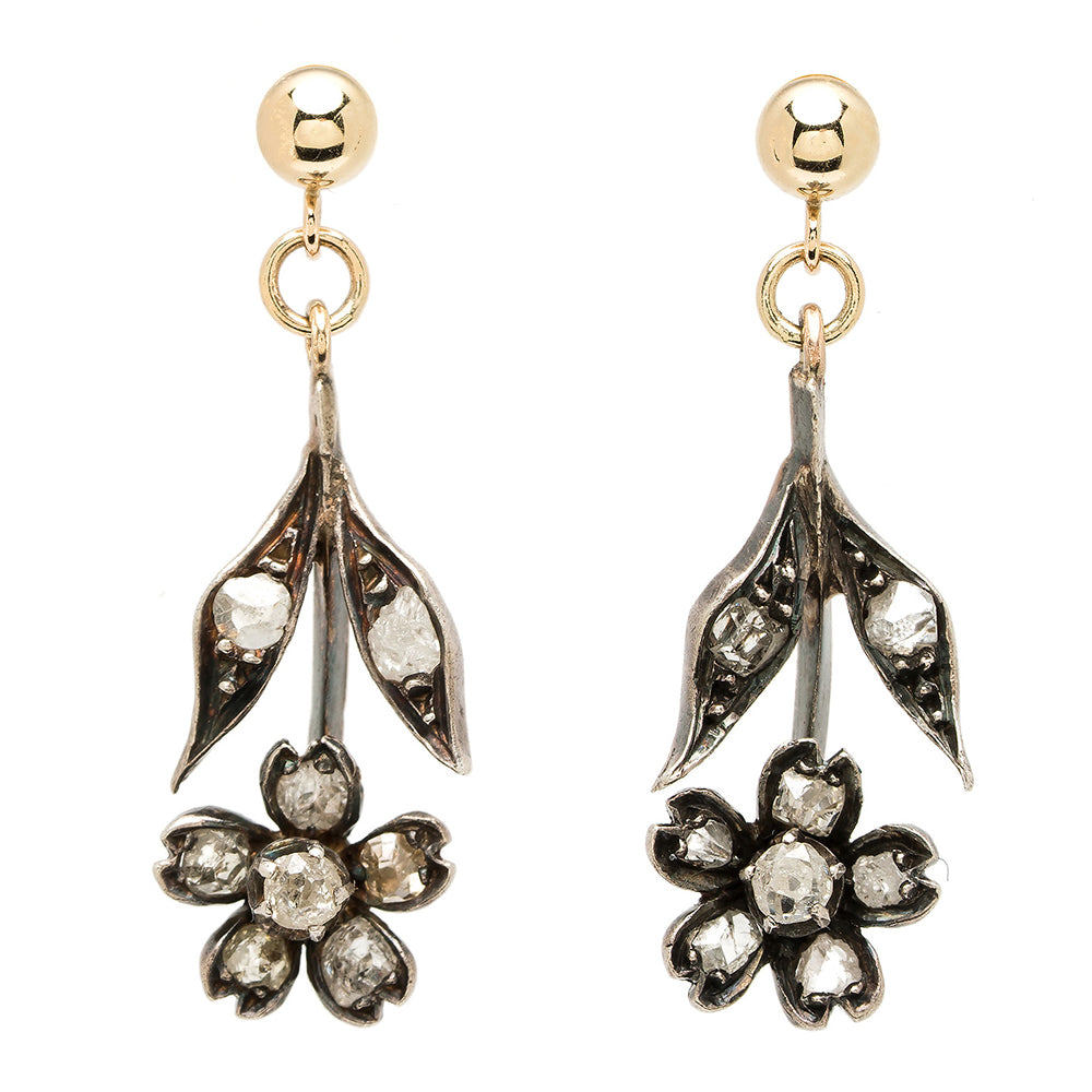 Victorian Rose Cut Diamond Hanging Flower Earrings