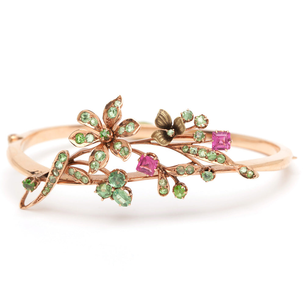 Vintage Art Nouveau Rose Gold Pink Sapphire Enamel Bangle Bracelet