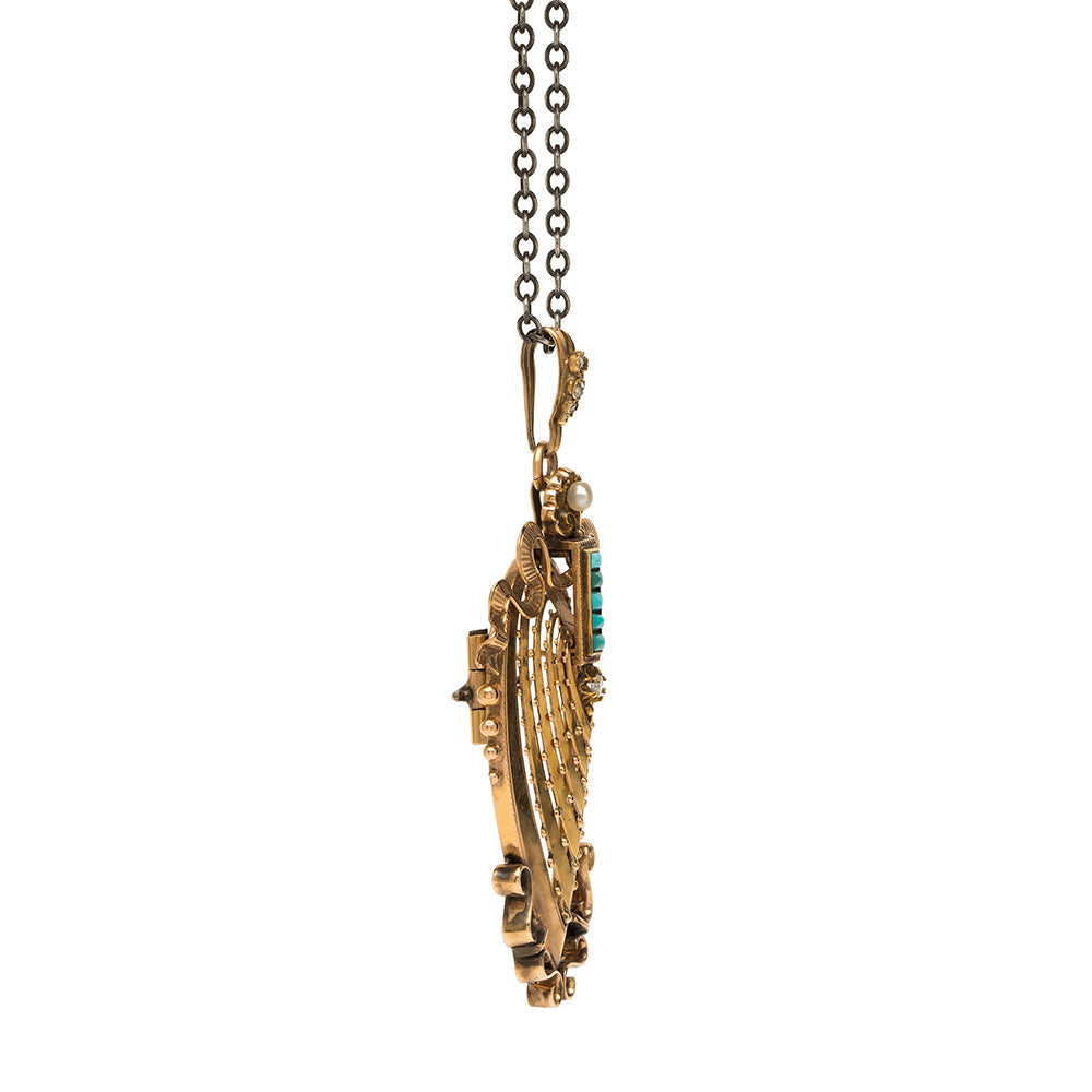 Vintage Victorian French Rose Gold Diamond Turquoise Necklace