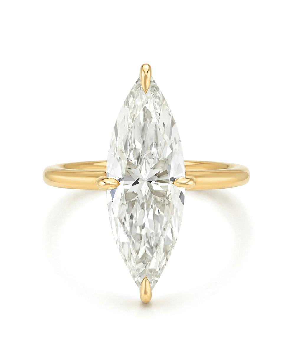 White Elongated Lab Diamond Marquise On Thin Gold Band Front View Sk R94 Lgd Wd Ns Br Mq 3.55 Nyc Er102 Front