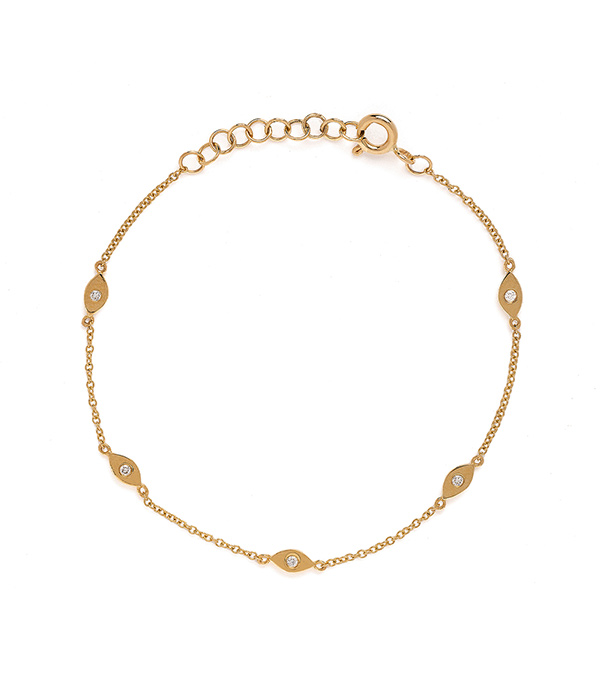 14K Gold Bohemian Chain Bracelet with Diamond Set Evil Eye for Protection designed by Sofia Kaman handmade in Los Angeles using our SKFJ ethical jewelry process.