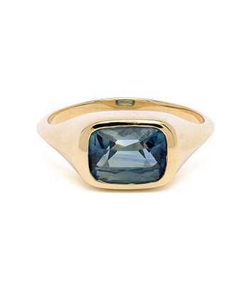 14K Yellow Gold Teal Cushion Sapphire Wedding Bands for Women designed by Sofia Kaman handmade in Los Angeles