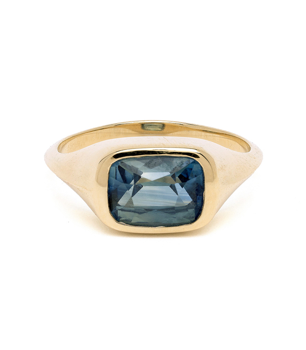 14K Yellow Gold Teal Cushion Sapphire Wedding Bands for Women designed by Sofia Kaman handmade in Los Angeles using our SKFJ ethical jewelry process.