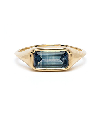 14K Yellow Gold Teal Sapphire Step Cut Unique Engagement Rings designed by Sofia Kaman handmade in Los Angeles