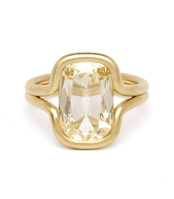 18K Matte Yellow Gold Brilliant Cut Cushion Shape Solitaire Engagement Rings for Women designed by Sofia Kaman handmade in Los Angeles using our SKFJ ethical jewelry process.