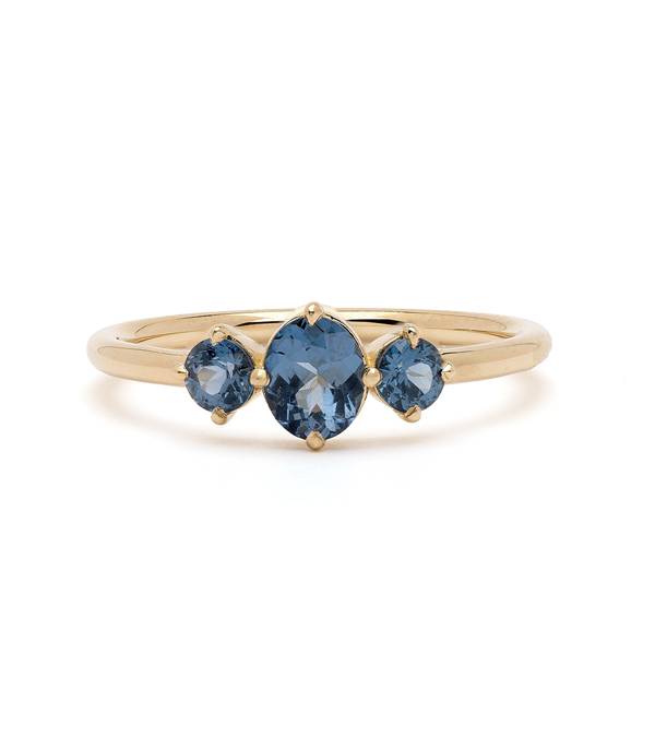 14K Yellow Gold 0.60ct 3 stone Oval and Round Cobalt Blue Spinel Boho Engagement Ring designed by Sofia Kaman handmade in Los Angeles using our SKFJ ethical jewelry process.