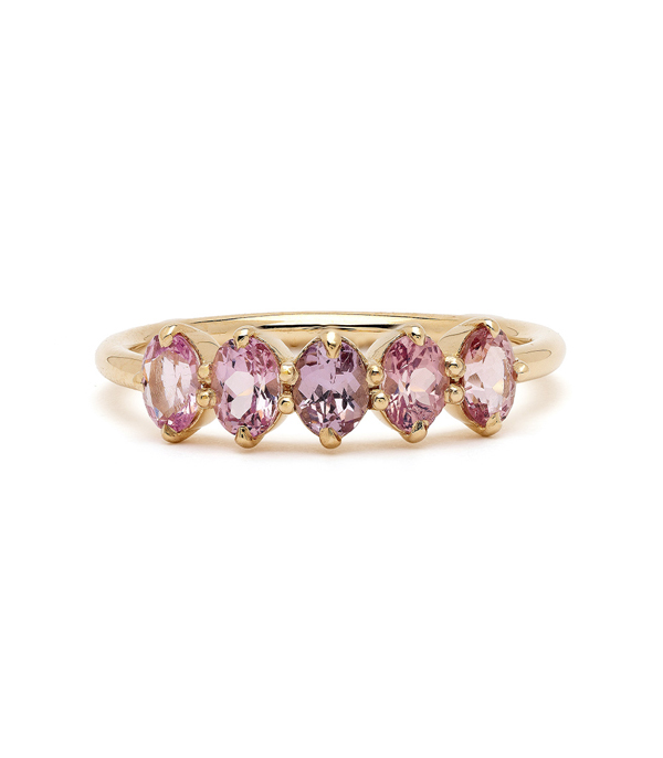 14K Yellow Gold 5 Stone Oval Cut Hot Pink Spinel Wedding Band For Women and Unique Engagement Rings designed by Sofia Kaman handmade in Los Angeles using our SKFJ ethical jewelry process.