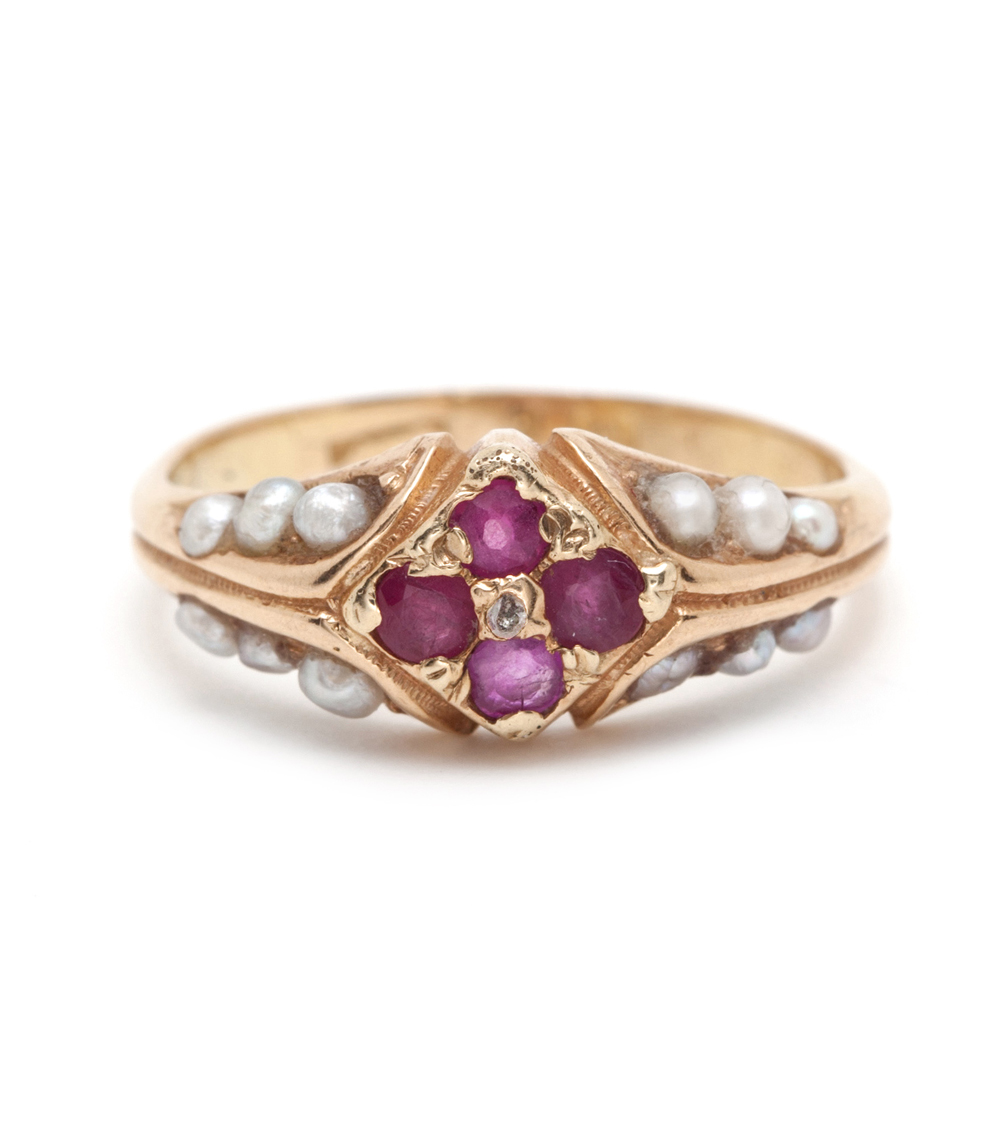 14k Gold Vintage Victorian Pearl Ruby Diamond Pinky Ring 1 